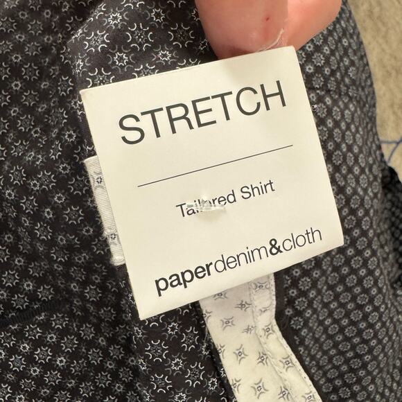 Paperdenim & Cloth Slim Fit Shirt XL Black White Geometric Short Sleeve NWT - Picture 11 of 16